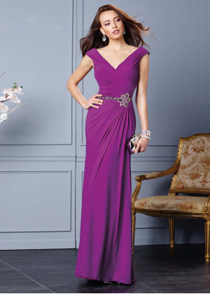 Dark Fuchsia Chiffon V Neck Long Prom Dress 